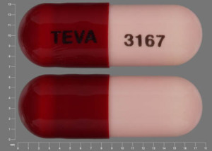 Pill TEVA 3167 Maroon & Pink Capsule-shape is Minocycline Hydrochloride