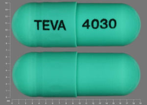 Pill TEVA 4030 Green Capsule/Oblong is Indomethacin