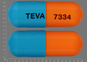 Pill TEVA 7334 Blue & Orange Capsule-shape is Mycophenolate Mofetil