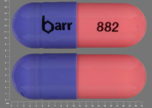 Pill barr 882 Pink & Purple Capsule-shape is Hydroxyurea