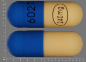 Pill 60274 240 mg Blue & Yellow Capsule/Oblong is Verapamil Hydrochloride SR