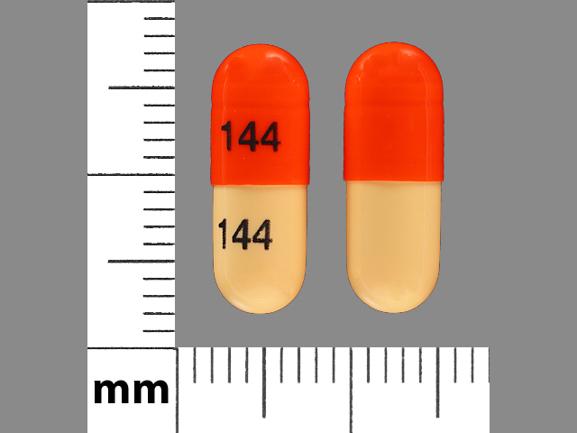 Pill 144 Orange Capsule/Oblong is Dantrolene Sodium