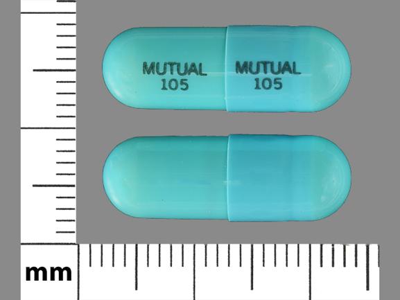Pill MUTUAL 105 MUTUAL 105 Blue Capsule/Oblong is Doxycycline Hyclate