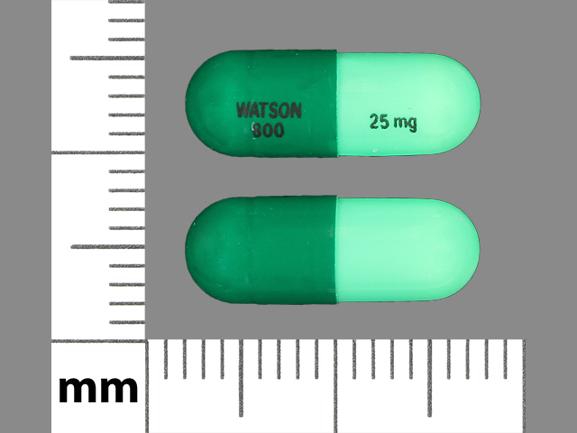 Pill WATSON 800 25 mg Green Capsule-shape is Hydroxyzine Pamoate