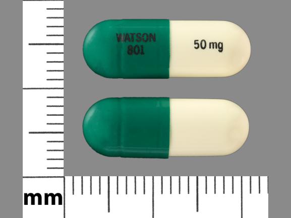Pill WATSON 801 50 mg Green & White Capsule/Oblong is Hydroxyzine Pamoate