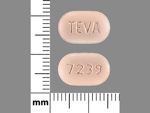 Pill TEVA 7239 Peach Capsule-shape is Hydrochlorothiazide and Irbesartan