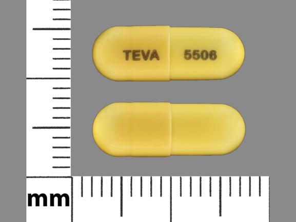 Pill TEVA 5506 Yellow Capsule-shape is Fluoxetine Hydrochloride and Olanzap...