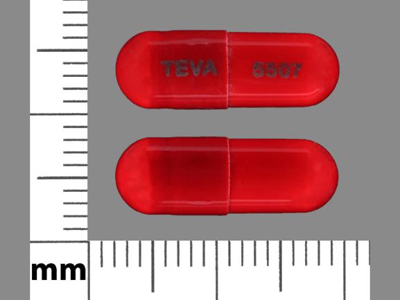 Pill TEVA 5507 Maroon Capsule/Oblong is Fluoxetine Hydrochloride and Olanzapine