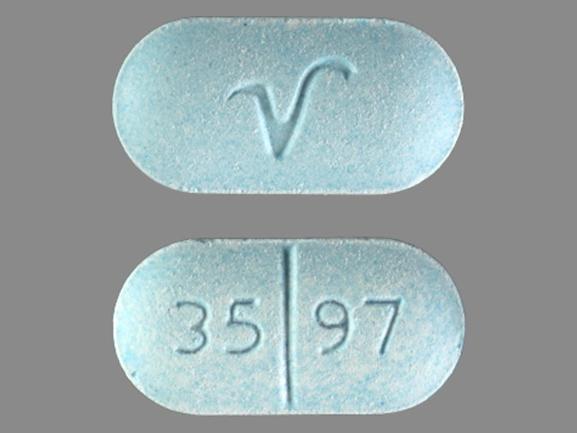 Pill 35 97 V Blue Capsule/Oblong is Acetaminophen and Hydrocodone Bitartrate