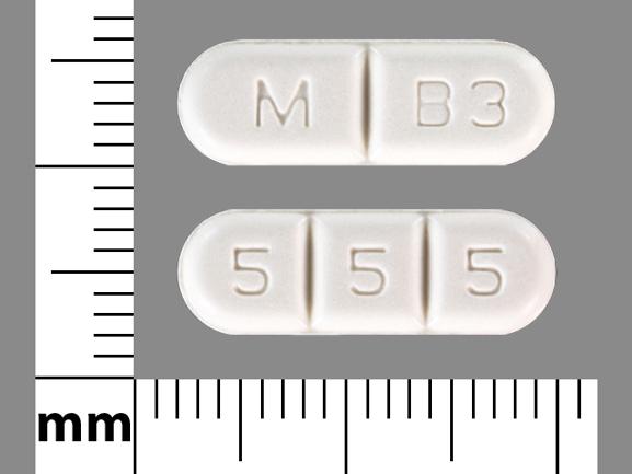 Pill M B3 5 5 5 White Capsule/Oblong is Buspirone Hydrochloride