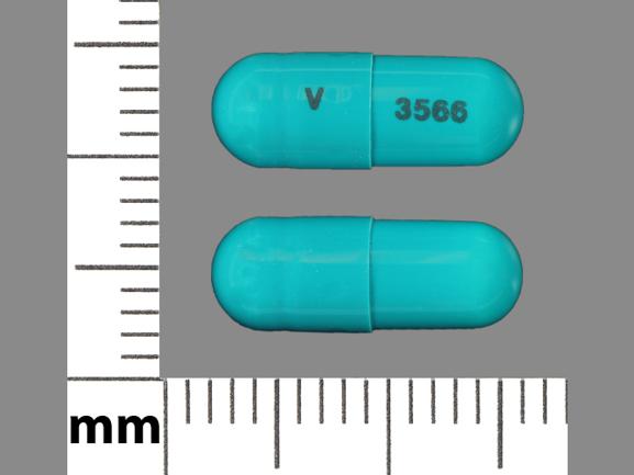 Pill V 3566 Blue Capsule/Oblong is Hydrochlorothiazide