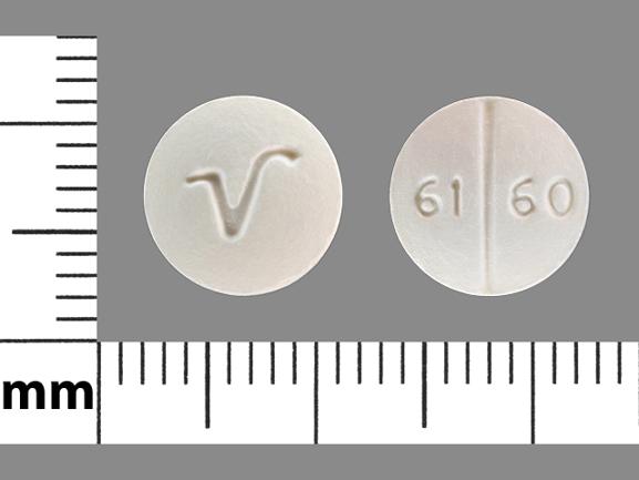 Pill 61 60 V White Round is Trazodone Hydrochloride