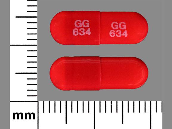 Pill GG 634 GG 634 Red Capsule/Oblong is Amantadine Hydrochloride