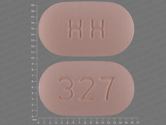 Pill HH 327 Pink Capsule/Oblong is Hydrochlorothiazide and Irbesartan