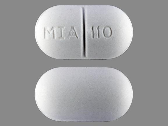 Pill MIA 110 White Elliptical/Oval is Acetaminophen, Butalbital and Caffeine