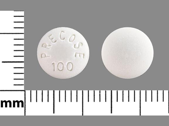 Pill PRECOSE 100 White Round is Acarbose