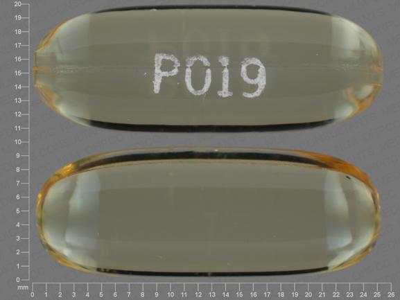 Pill P019 Yellow Capsule-shape is Omega-3-Acid Ethyl Esters