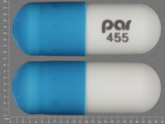 Pill par 455 Blue & White Capsule-shape is Omeprazole and Sodium Bicarbonate