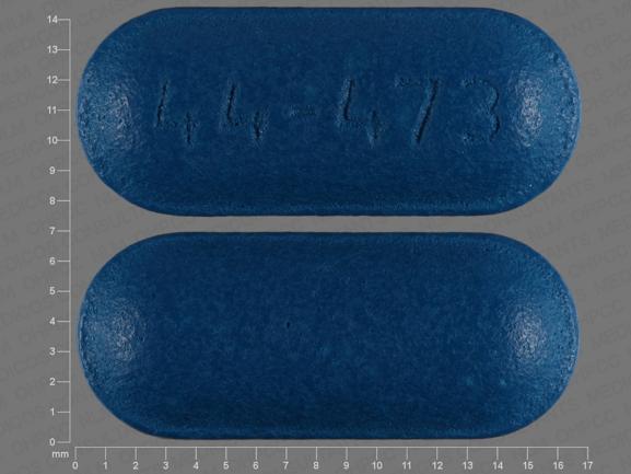 Pill 44 473 Blue Capsule/Oblong is Acetaminophen, Chlorpheniramine, Dextromethorphan and Phenylephrine