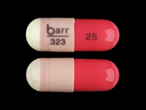 Pill barr 323 25 Pink & White Capsule/Oblong is Hydroxyzine Pamoate