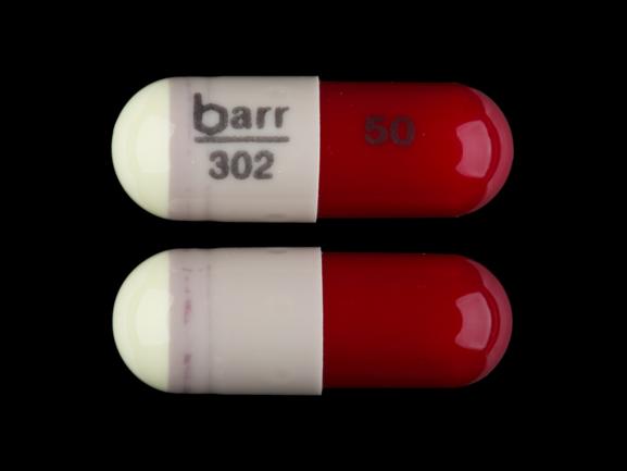 Pill Barr 302 50 Red & Yellow Capsule/Oblong is Hydroxyzine Pamoate
