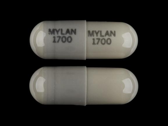 Pill MYLAN 1700 MYLAN 1700 Gray Capsule/Oblong is Nitrofurantoin (Macrocrystals)