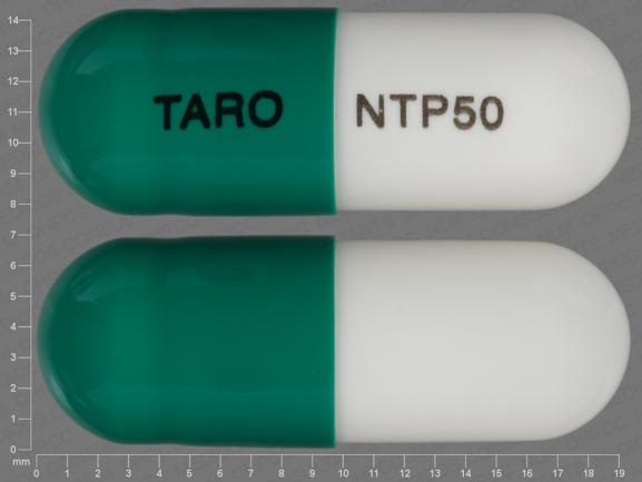 Pill TARO NTP50 Green & White Capsule/Oblong is Nortriptyline Hydrochloride