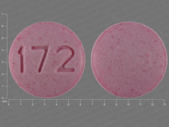 Pill 172 Red Round is Sodium Fluoride (Chewable)