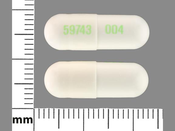Pill 59743 004 White Capsule/Oblong is Acetaminophen, Butalbital and Caffeine