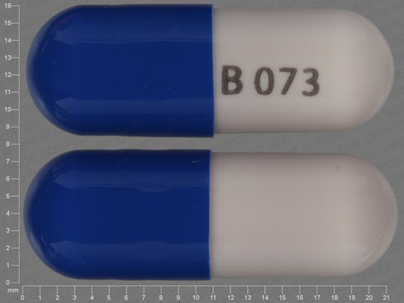 Pill B 073 Blue & Gray Capsule/Oblong is Acetaminophen, Butalbital, Caffeine and Codeine Phosphate