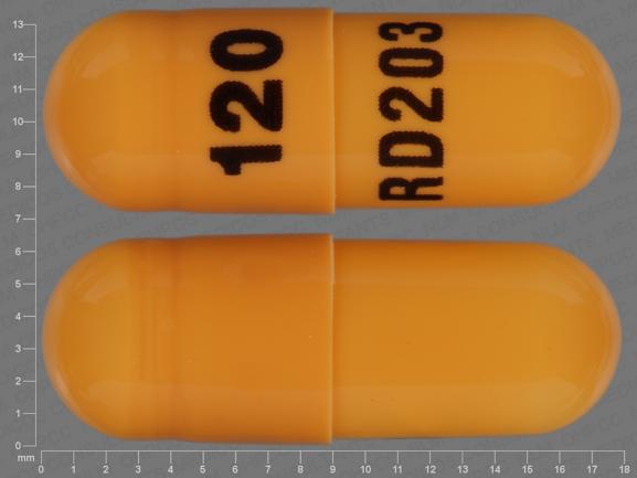 Pill 120 RD203 Orange Capsule/Oblong is Propranolol Hydrochloride Extended-Release