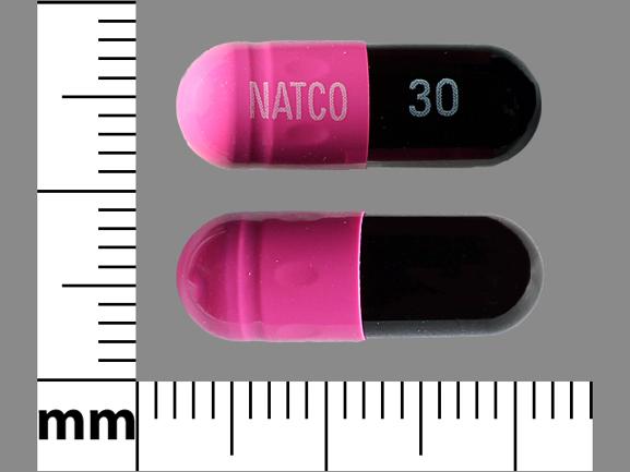 Pill NATCO 30 Blue & Pink Capsule-shape is Lansoprazole Delayed-Release