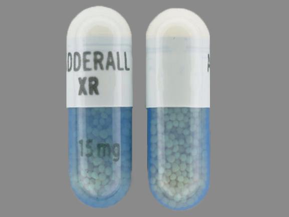 Pill ADDERALL XR 15 mg Blue & White Capsule/Oblong is Adderall XR