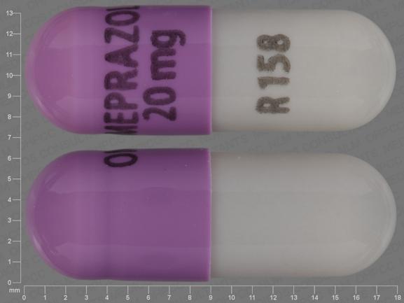 Pill OMEPRAZOLE 20mg R158 Purple Capsule-shape is Omeprazole Delayed Release