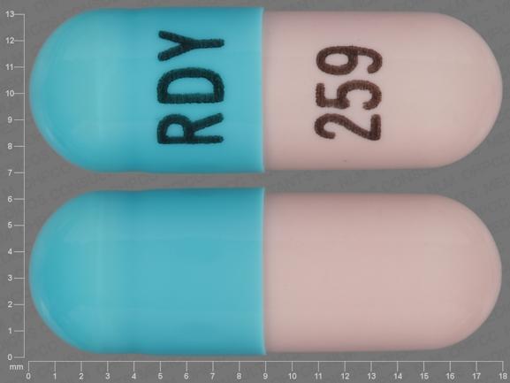 Pill RDY 259 Blue Capsule-shape is Ziprasidone Hydrochloride