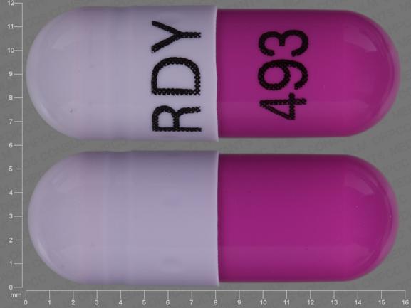 Pill RDY 493 Purple Capsule-shape is Esomeprazole Magnesium Delayed-Release...