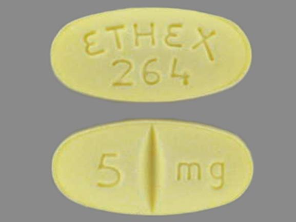 Pill 5mg ETHEX 264 Yellow Elliptical/Oval is BusPIRone Hydrochloride
