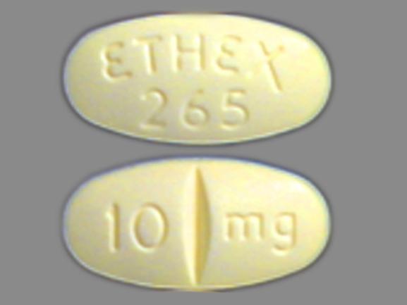 Pill 10 mg ETHEX 265 Yellow Elliptical/Oval is BusPIRone Hydrochloride