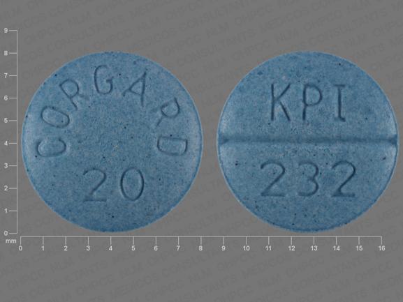Pill CORGARD 20 KPI 232 Blue Round is Nadolol