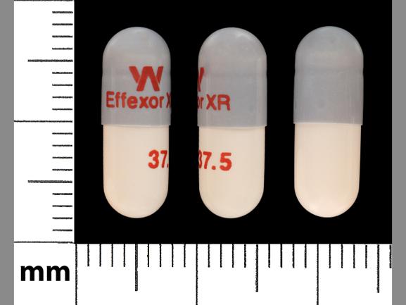 Pill W Effexor XR 37.5 Gray & Peach Capsule-shape is Venlafaxine hydrochloride extended-release