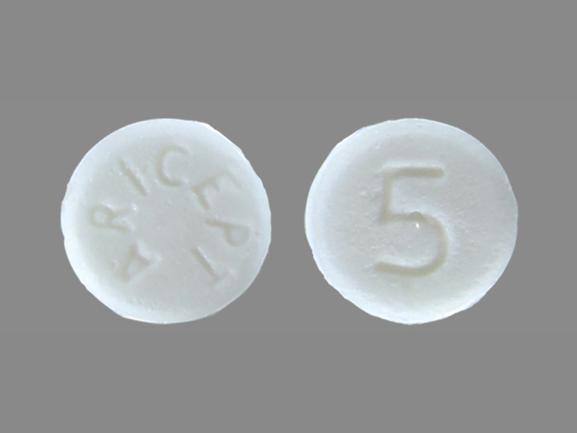 Pill ARICEPT 5 White Round is Donepezil Hydrochloride (Orally Disintegrating)