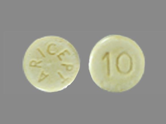 Pill ARICEPT 10 Yellow Round is Donepezil Hydrochloride (Orally Disintegrating)