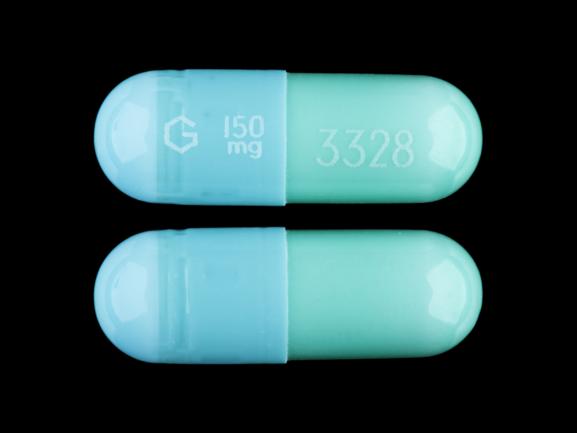 Pill G 150 mg 3328 Green & Turquoise Capsule/Oblong is Clindamycin Hydrochloride