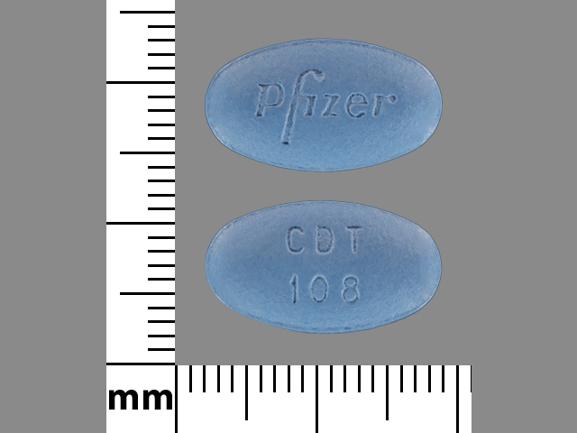 Pill Pfizer CDT 108 Blue Elliptical/Oval is Amlodipine Besylate and Atorvastatin Calcium