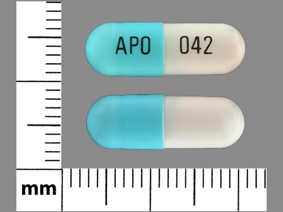 Pill APO 042 Turquoise & White Capsule/Oblong is Acyclovir