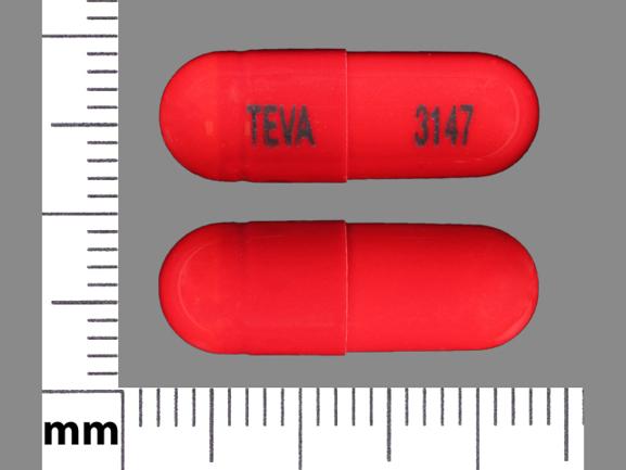 Pill TEVA 3147 Orange Capsule/Oblong is Cephalexin Monohydrate