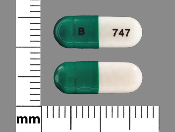 Pill B 747 Green & White Capsule/Oblong is Duloxetine Hydrochloride Delayed-Release