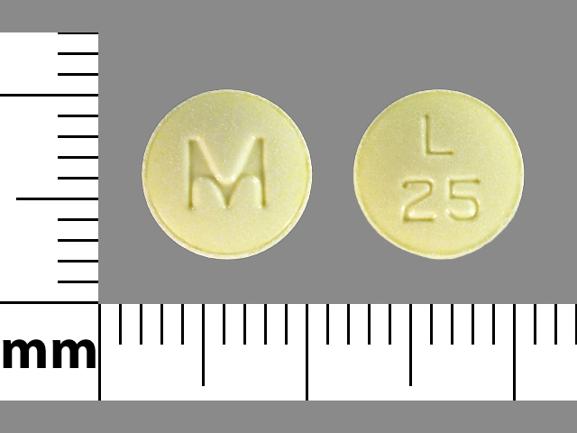 Pill M L 25 Yellow Round is Lisinopril