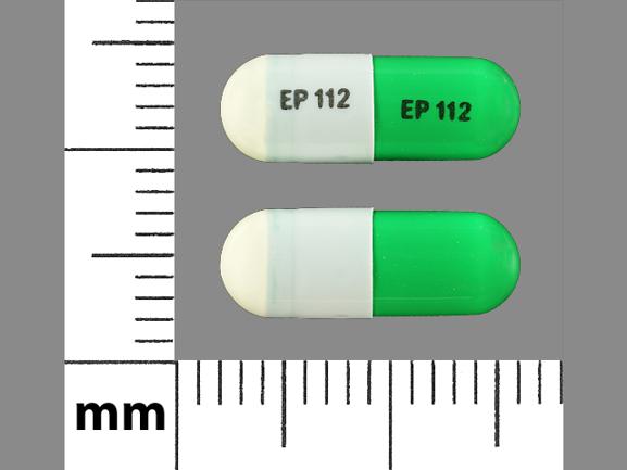 Pill EP112 EP112 Green & White Capsule/Oblong is Hydroxyzine Pamoate