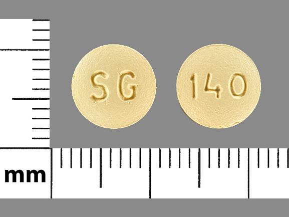 Pill SG 140 Yellow Round is Donepezil Hydrochloride.